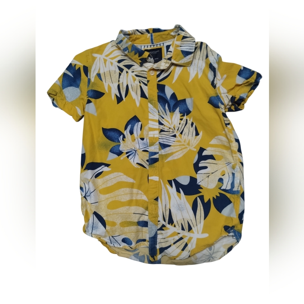 Denim & Flower Yellow Tropical Print Short-Sleeve Button-Down